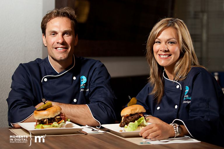 Photographs of Delux Burger Celebrity Chefs Jason Strudwick and Leila Zuniga