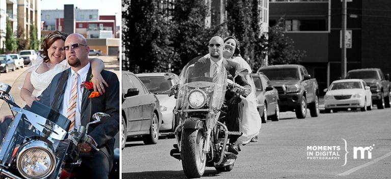 Bride & Groom pose with the groom's motorcycle