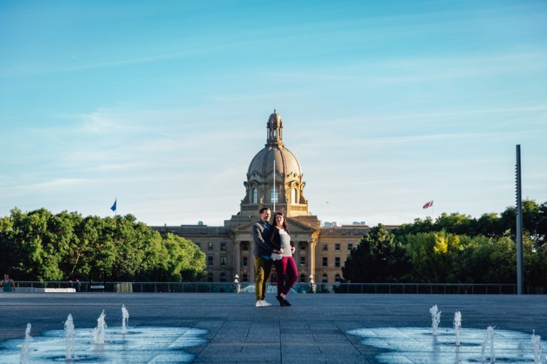 Engagement photos at the Alberta Legislature Grounds in Edmonton