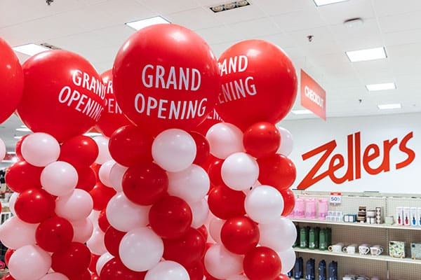 edmonton-commercial-photography-zellers-grand-opening Edmonton commercial photography - balloons decorate the entrance for the grand opening of Zellers in Londonderry Mall